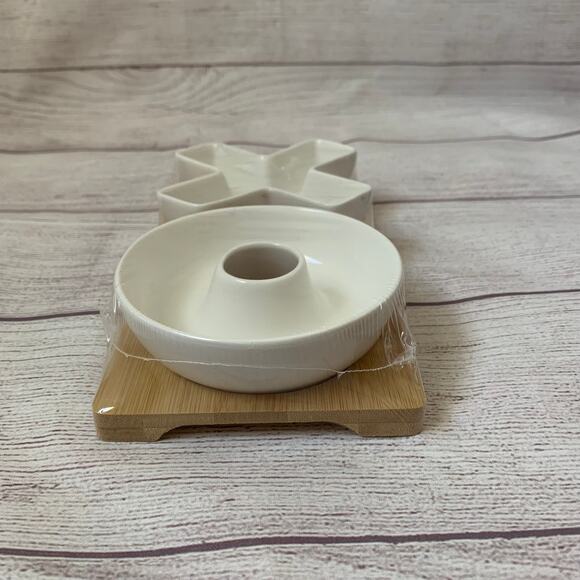 X and O Porcelain Appetizer Set with Bamboo Tray 3 Piece Trinket Ring Dishes - Picture 4 of 10